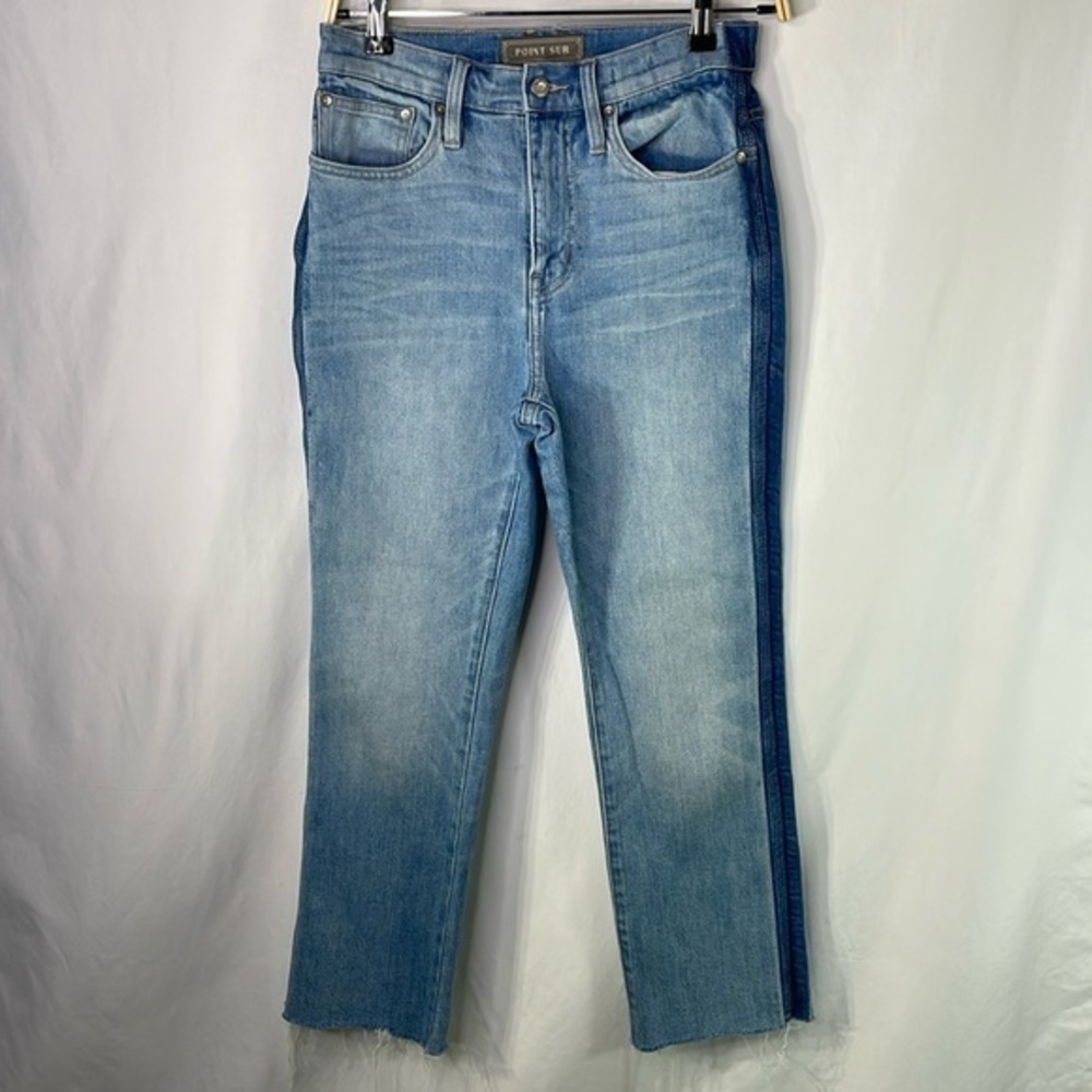 Point Sur (JCrew lux label) light colored jeans with darker blue tuxedo stripe.